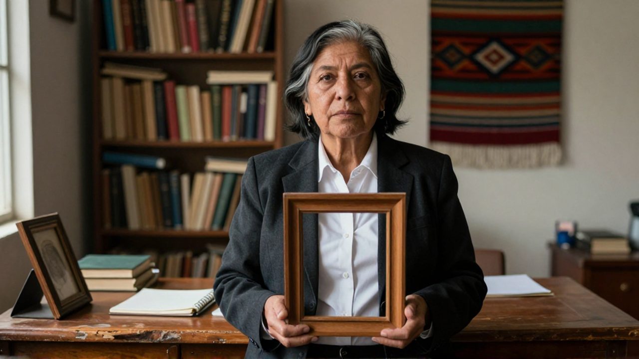 Una mujer de cabello negro entrecano y traje oscuro sostiene un marco de madera vacío frente a un librero, junto a un tejido andino, en una actitud reflexiva y serena.