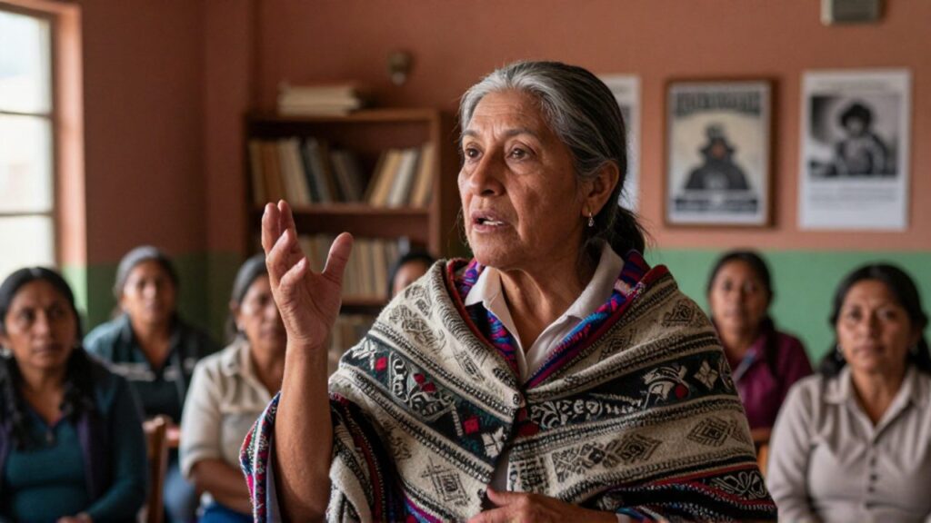Una mujer de unos sesenta años, con cabello entrecano recogido y un aguayo andino sobre los hombros, habla con las manos ante un pequeño grupo de mujeres sentadas en un centro cultural, con estantes de libros y paredes de tonos cálidos al fondo.