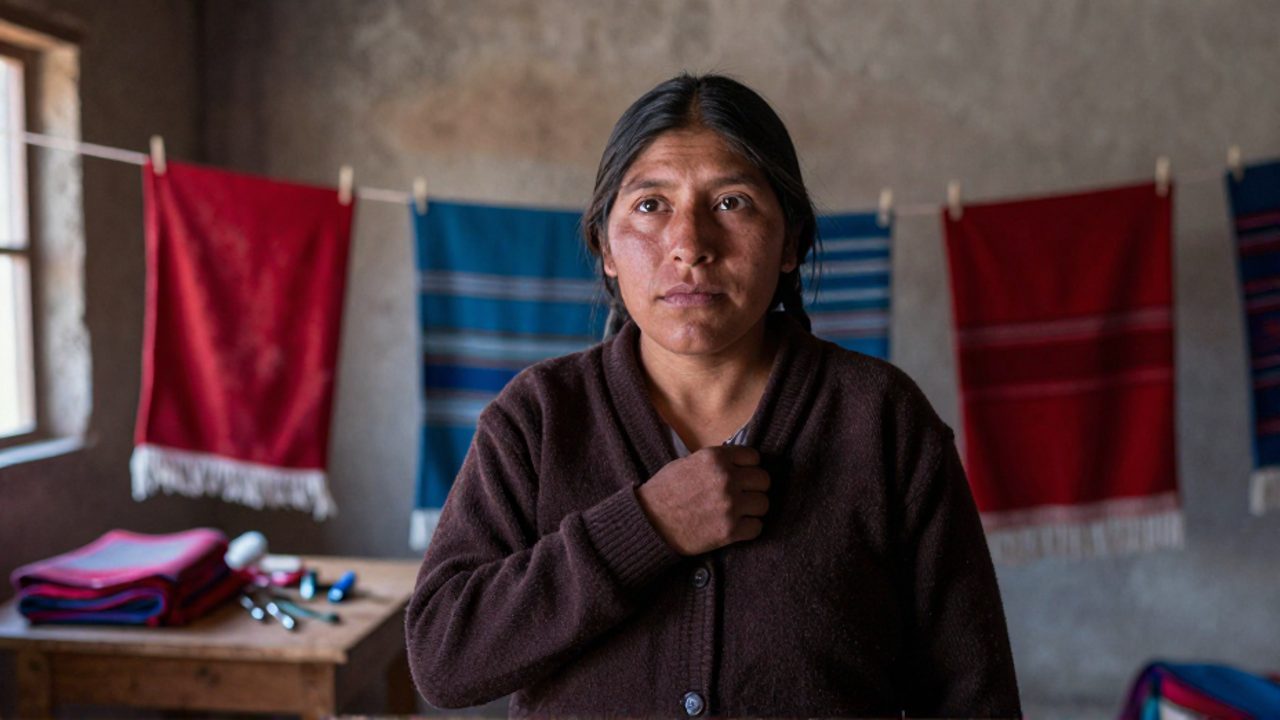 Mujer boliviana de rasgos aymaras, con barbilla alzada y mirada firme, sostiene con una mano su cárdigan en una estancia modesta de paredes de cemento, con textiles tejidos colgados al fondo y una mesa baja con herramientas de costura.
