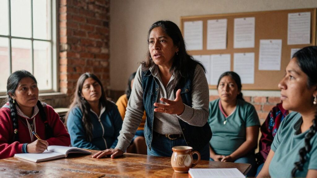 Una activista boliviana de mediana edad, en una sala modesta de ladrillo visto, habla con una mano sobre una mesa de madera ante dos mujeres que la escuchan atentamente, una aymara y otra afrodescendiente, con cuadernos y una taza de cerámica entre ellas.