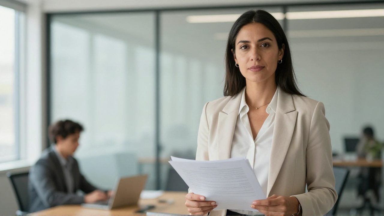 Una profesional latina mira a la cámara con expresión tranquila y decidida mientras sostiene unos documentos en una oficina moderna y luminosa, con un compañero de trabajo difuminado al fondo.