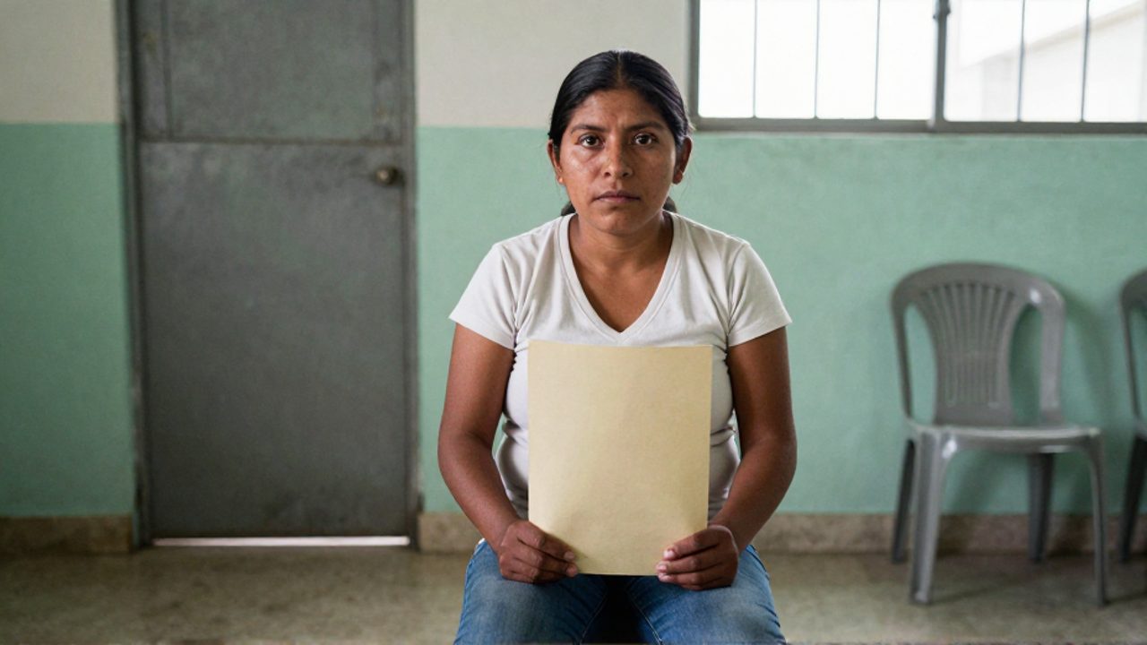 Una mujer boliviana espera sentada en un consultorio público de salud, con las manos aferradas a una carpeta médica y una expresión de cansancio y entereza, en un entorno institucional austero que sugiere vulnerabilidad femenina ante la precariedad.