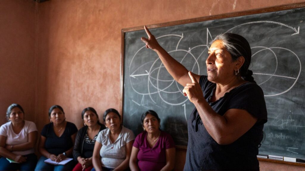 La activista María Galindo señala un pizarrón con esquemas y flechas mientras explica ante un grupo de mujeres en un centro comunitario de La Paz.