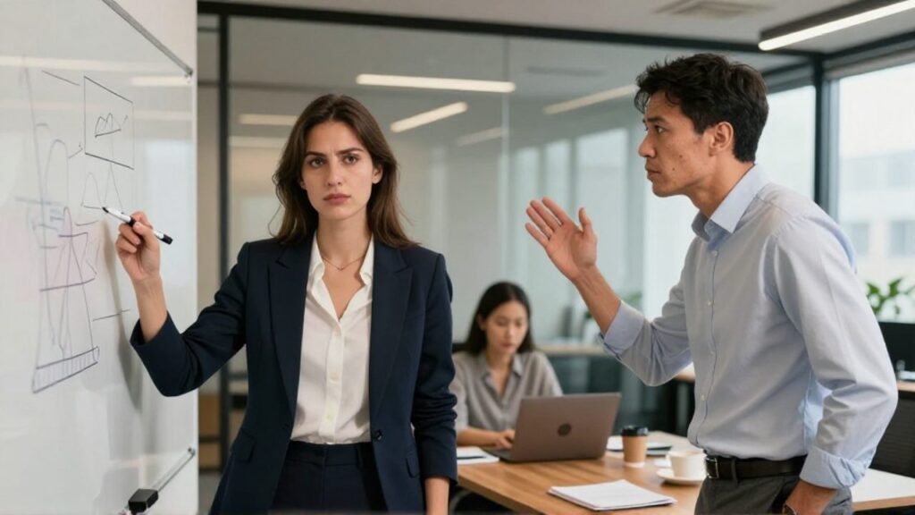En una sala de reuniones moderna, una mujer con blazer sostiene un marcador junto a una pizarra mientras un colega hombre la interrumpe con la palma levantada y expresión condescendiente, ante la mirada de otra compañera.