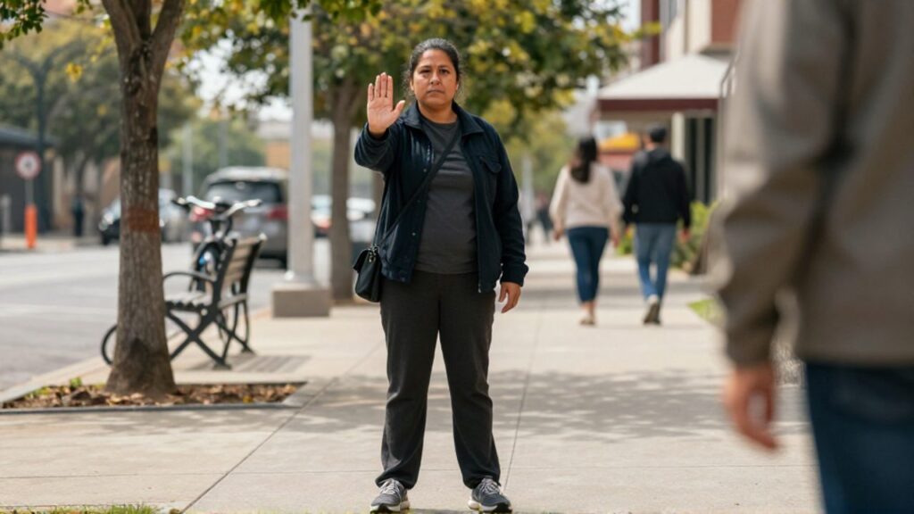 Mujer firme en una acera urbana levanta la palma abierta en un gesto de alto hacia alguien que no aparece en la imagen, con expresión vigilante; al fondo se ven árboles, un banco y peatones difuminados.