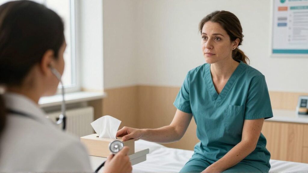 En una consulta médica iluminada, una mujer con un hematoma apenas visible en el antebrazo habla con una doctora que la escucha atentamente mientras ella toma un pañuelo.
