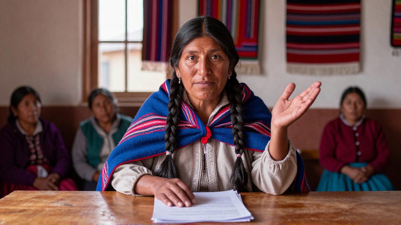 Una mujer indígena boliviana de mediana edad, con trenzas y aguayo, habla en un taller comunitario en El Alto con una mano alzada y la otra sobre unos papeles, mientras un grupo de mujeres la escucha sentadas.