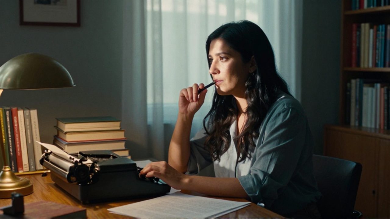 Mujer en un estudio con libros y máquina de escribir, en pausa con un bolígrafo en la mano; una sombra diagonal divide su rostro entre la luz y la oscuridad, reflejando presencia e invisibilidad.