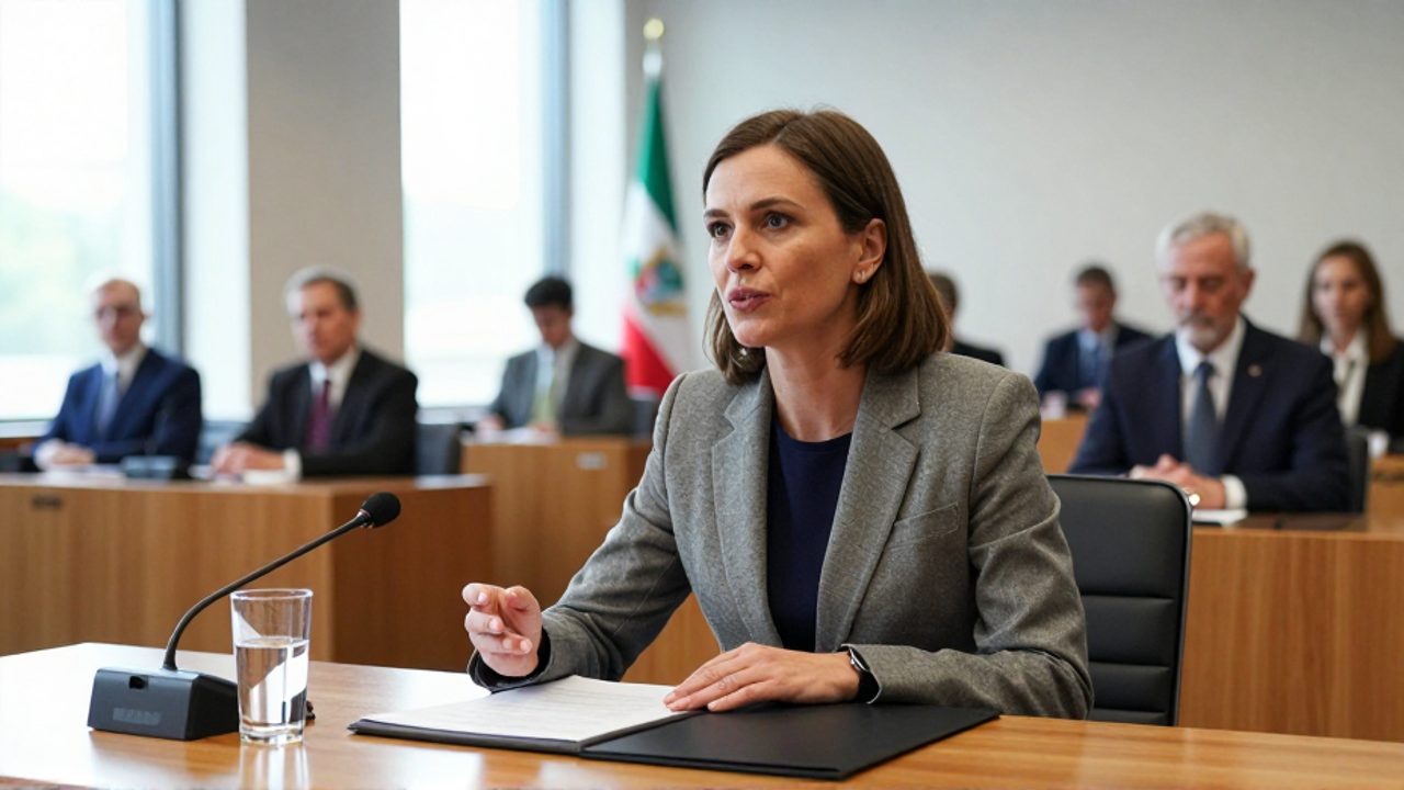 Una legisladora con blazer intervención en una audiencia parlamentaria, gesticulando con la mano mientras se dirige a un grupo de funcionarios sentados frente a ella.