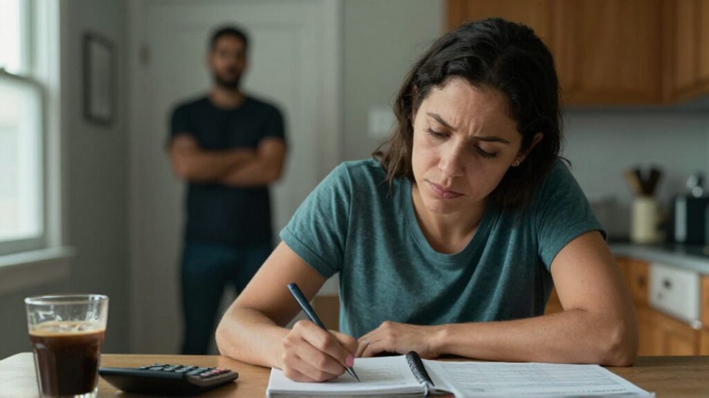 En la mesa de una cocina modesta, una mujer con la mirada baja y los hombros encorvados sostiene un bolígrafo sobre un cuaderno de presupuesto sin escribir; al fondo, la silueta difusa de un hombre de brazos cruzados la observa desde la puerta.