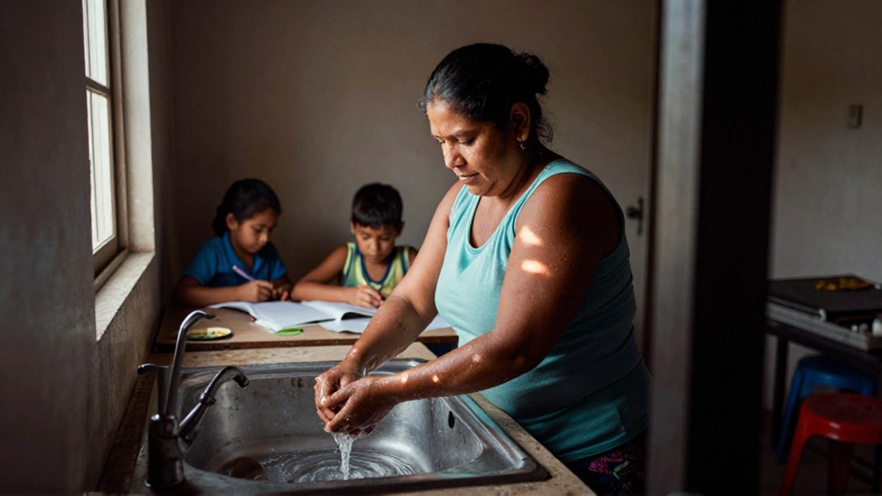 Mujer latina de mediana edad lava los platos en el fregadero de una cocina modesta, mientras dos niños hacen la tarea en la mesa detrás de ella.