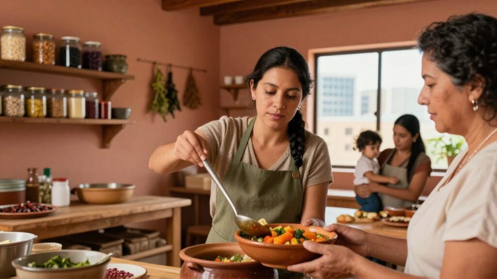 Una mujer sirve guiso de verduras de una olla de barro en una cocina comunitaria, mientras otra mujer mayor alcanza un cuenco y una joven con delantal sostiene a un niño; al fondo se ven torres de oficinas a través de la ventana.