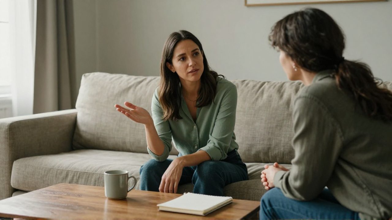 Una mujer treintañera sentada en un sofá de lino conversa con calma con una amiga frente a ella; levanta la mano con la palma abierta marcando un límite, mientras la amiga la escucha con atención en una sala privada y luminosa.