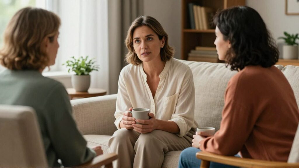 Una mujer habla con una amiga en un salón acogedor; sostiene una taza caliente con ambas manos mientras la amiga se inclina para escucharla con atención, reflejando confianza y apoyo.