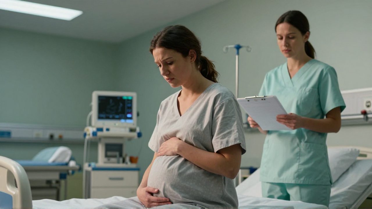 Mujer embarazada sentada al borde de una cama de hospital, con expresión tensa y la mano sobre el vientre, mientras una médica de pie la observa sosteniendo una carpeta.