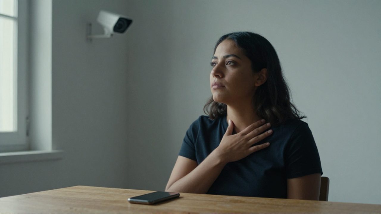 Mujer sentada ante una mesa de madera, con una mano en el pecho y la mirada fija en una cámara de vigilancia en la esquina; sobre la mesa, un teléfono móvil está boca abajo.