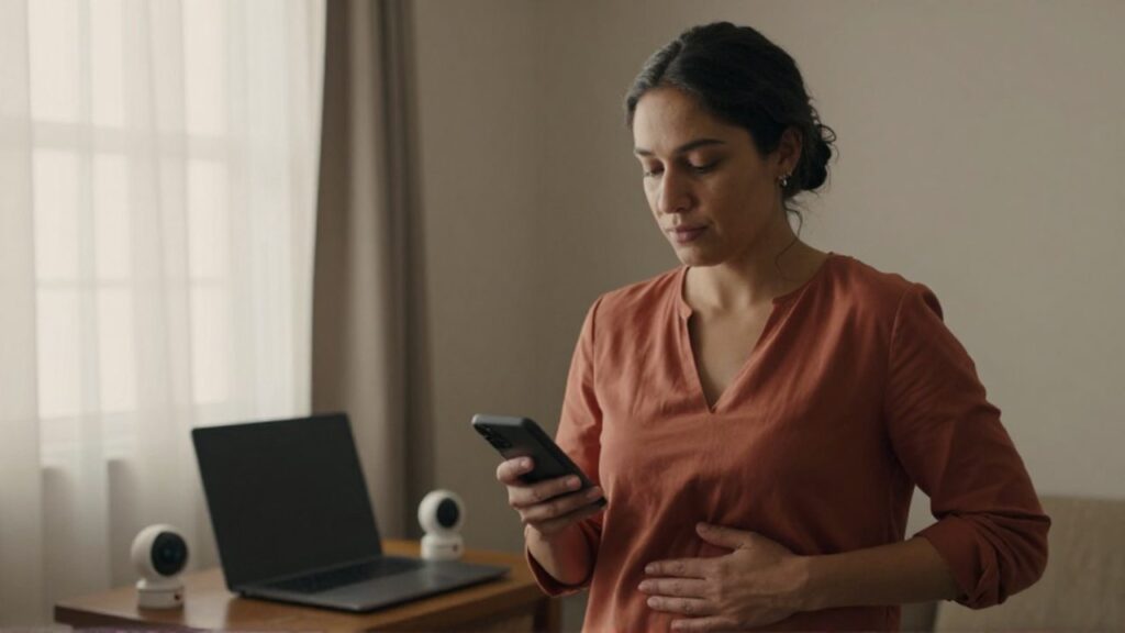 Mujer de pie en una sala de estar soleada, con una mano sobre el abdomen y un teléfono en la otra, mientras a sus espaldas se ven una laptop abierta y una pequeña cámara de seguridad.