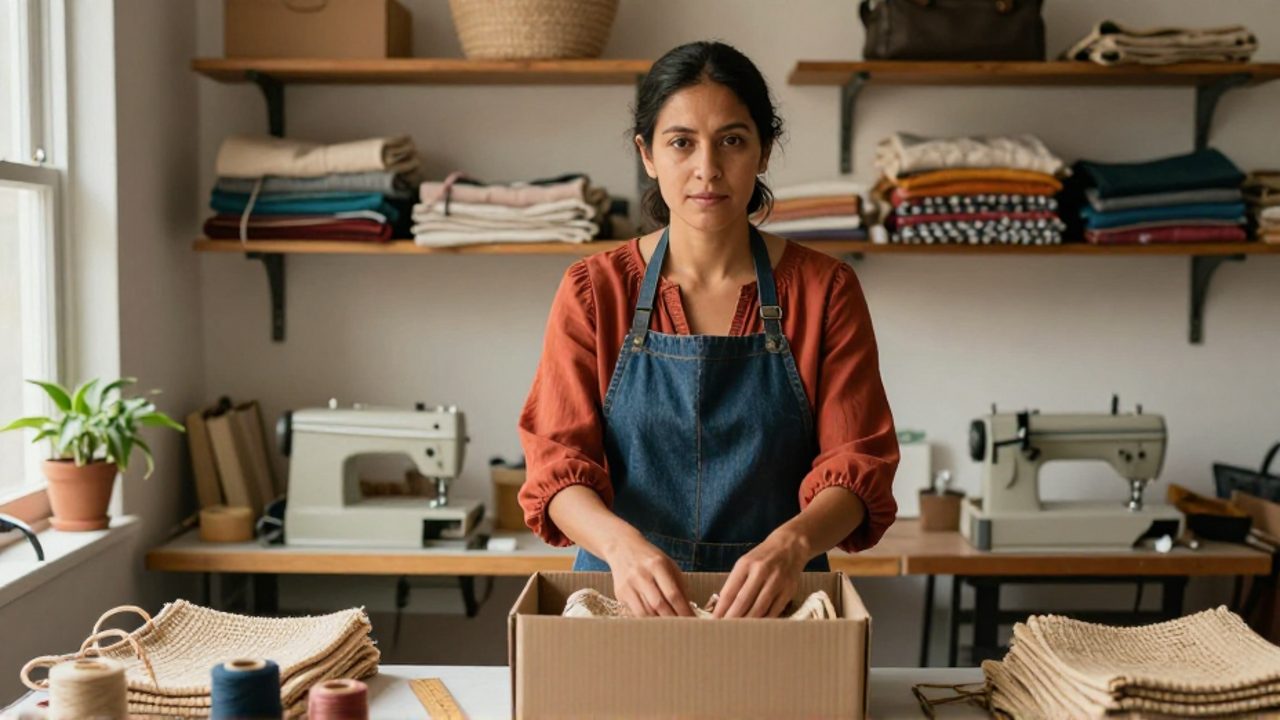 En su taller, una artesana empaca en una caja de cartón bolsas tejidas a mano para su envío, con una expresión serena y orgullosa.