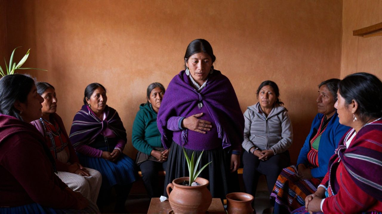 Una mujer aymara con un aguayo púrpura y una mano sobre el vientre conversa en círculo con otras mujeres, entre ellas una mujer afroboliviana mayor que la escucha, en una clínica comunitaria andina con objetos de barro y textiles.