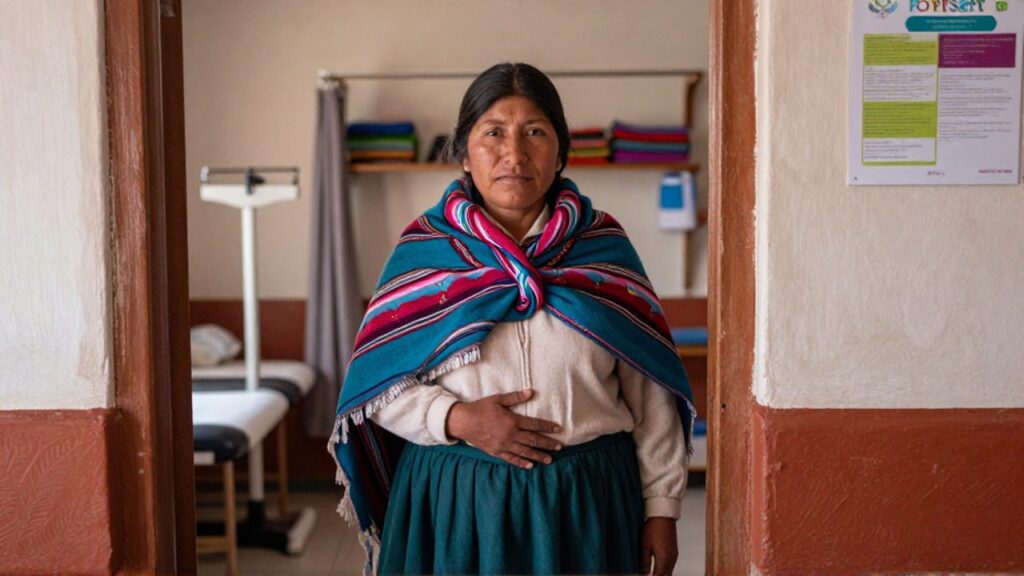 Mujer indígena boliviana con atuendo andino tradicional, de pie en la entrada de un centro de salud, con una mano sobre su vientre y mirada serena hacia la cámara.