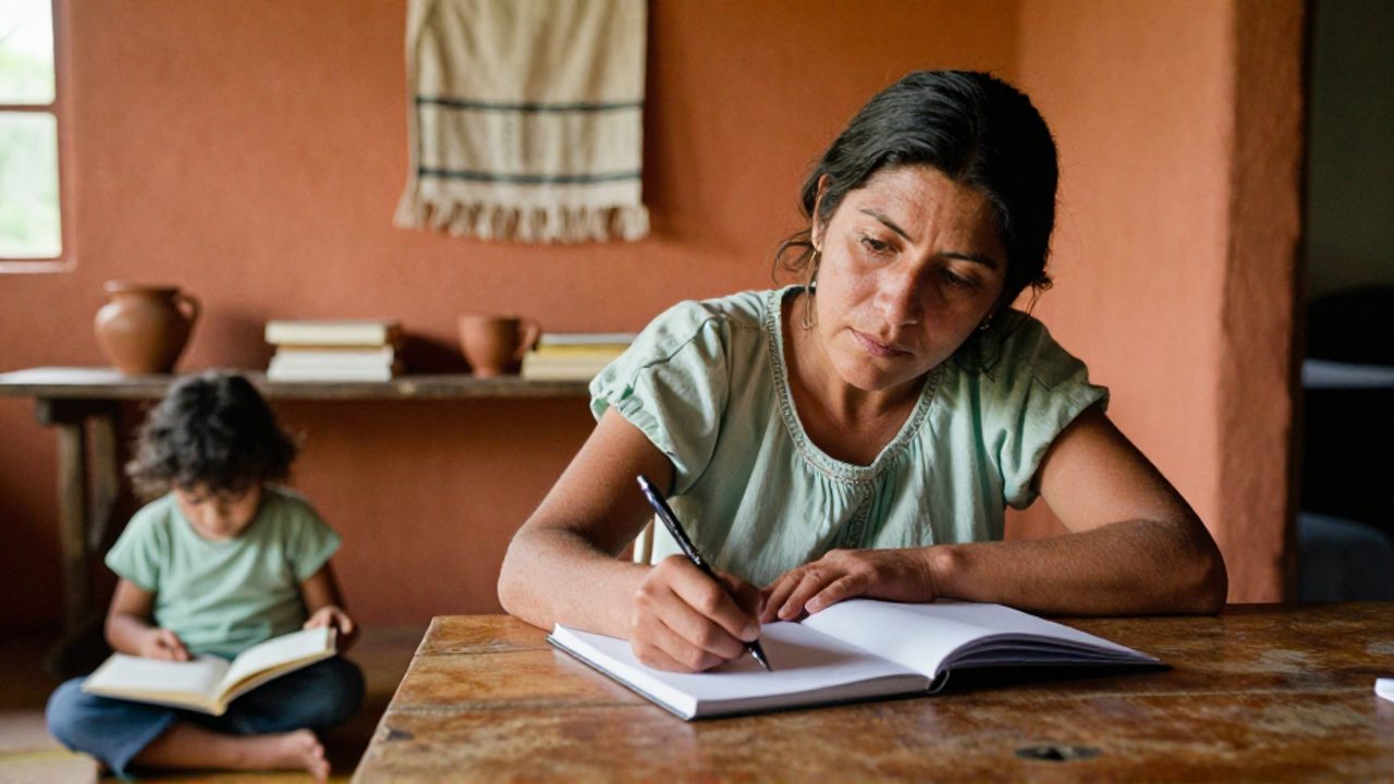 Una madre boliviana escribe serena en un cuaderno en un luminoso estudio hogareño, mientras su hija pequeña juega en el suelo con un libro de tela, en una escena que muestra la maternidad como convivencia cotidiana, no como sacrificio.