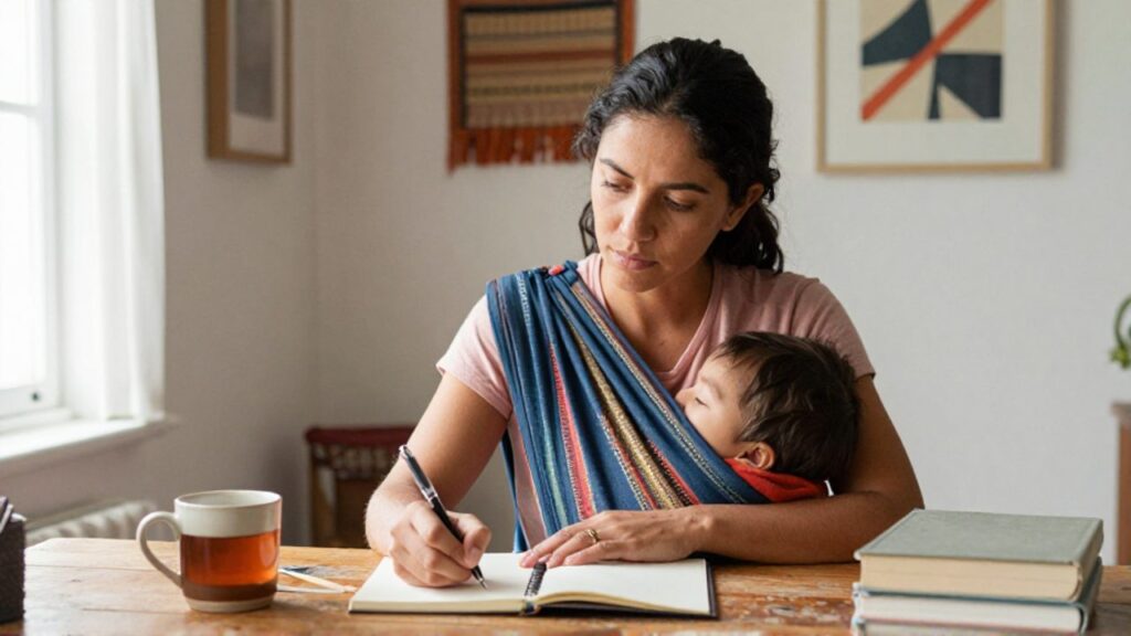 Una mujer escribe en un cuaderno mientras su bebé duerme en un portabebés tejido, en una estancia luminosa con estantes de libros.