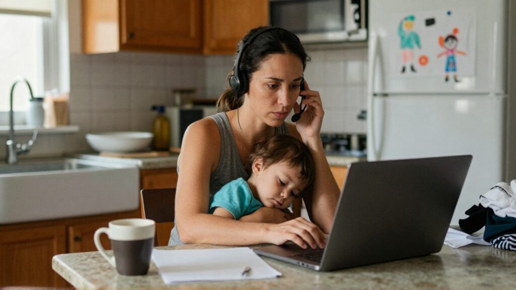 Una mujer sostiene en su regazo a un niño adormilado mientras atiende una llamada con auriculares frente a un portátil; sobre la mesa de cocina hay papeles, una taza y ropa sin doblar, y al fondo se ven platos sucios y un dibujo infantil.