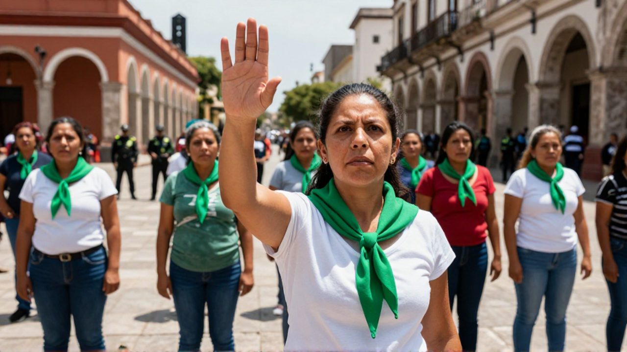 Una mujer con camisa blanca y pañuelo verde alza la mano con firmeza mientras arenga a una multitud en una plaza; detrás, otras mujeres con pañuelos verdes permanecen de pie entre edificios coloniales.