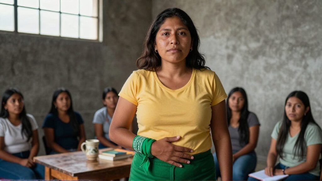 Activista boliviana con bandana verde en la muñeca y una mano sobre el abdomen, de pie en un centro comunitario, observa con firmeza serena a un grupo de mujeres sentadas en círculo que la escuchan.