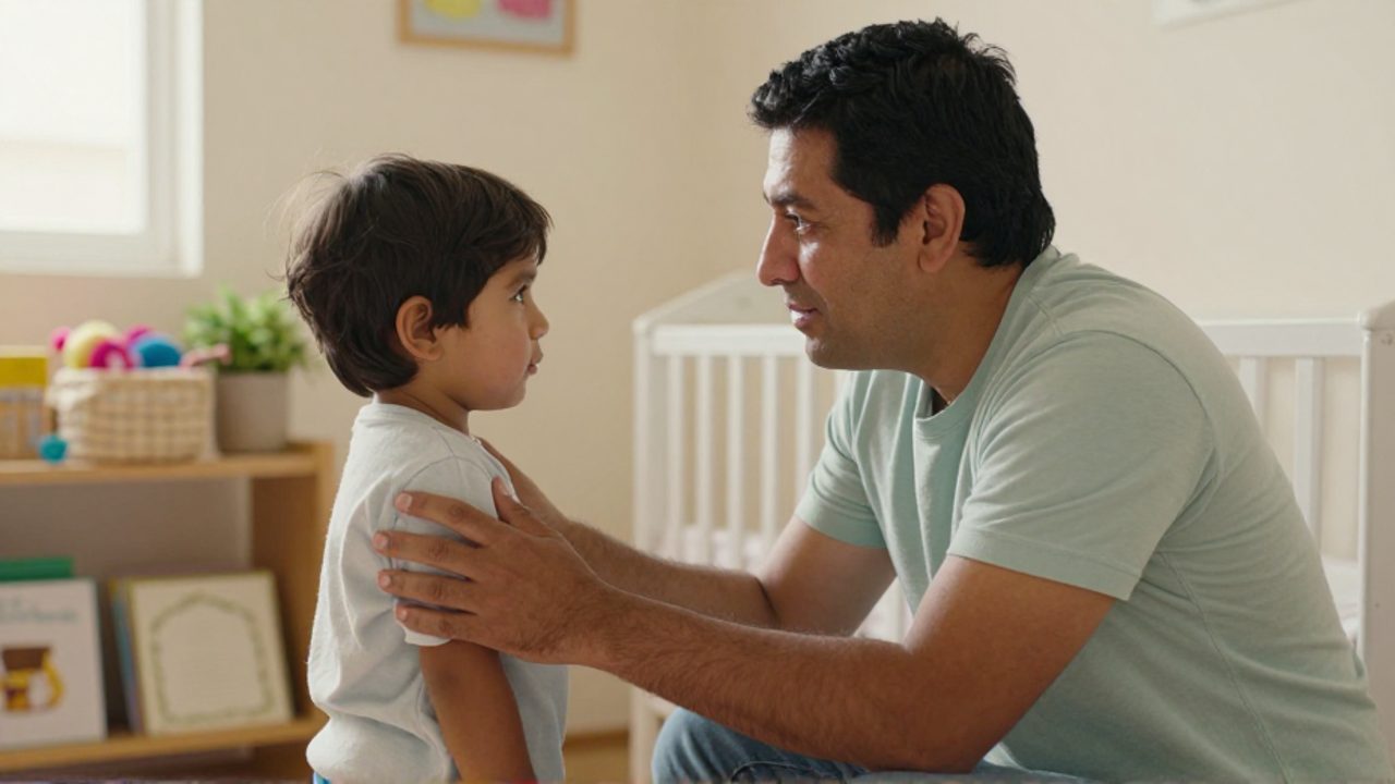 Un padre se agacha a la altura de su hijo de cuatro años, que parece molesto, y lo escucha con calma mientras lo sostiene suavemente por la espalda en una habitación infantil luminosa y con juguetes.