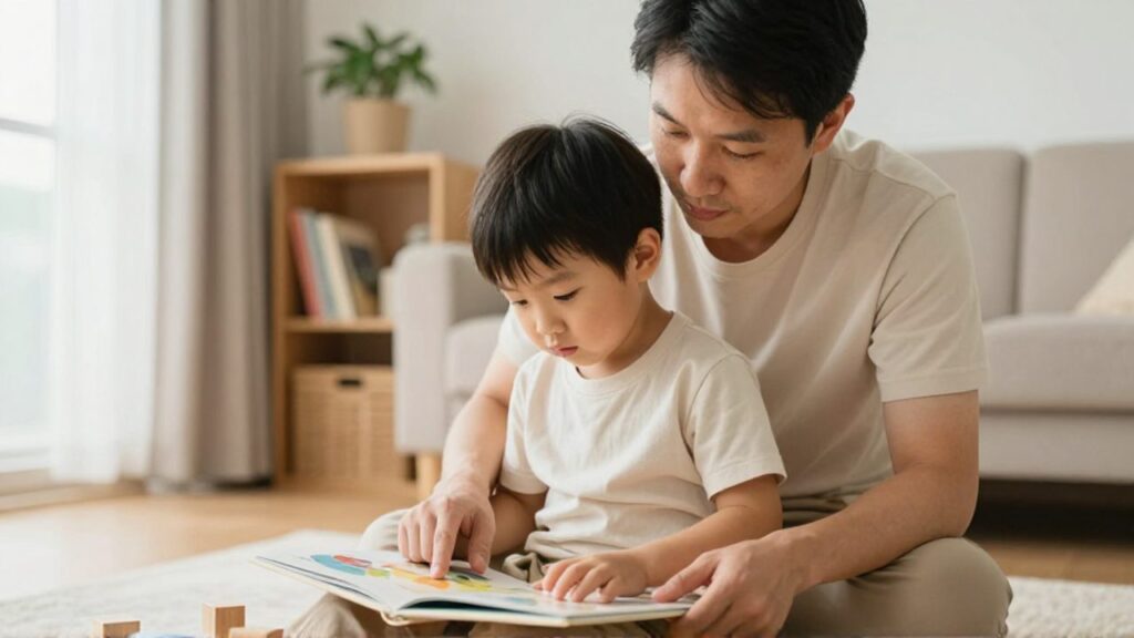 Un padre joven arrodillado sostiene con una mano la espalda de su hijo de cuatro años, que señala un libro ilustrado abierto en su regazo, en una sala luminosa y serena.