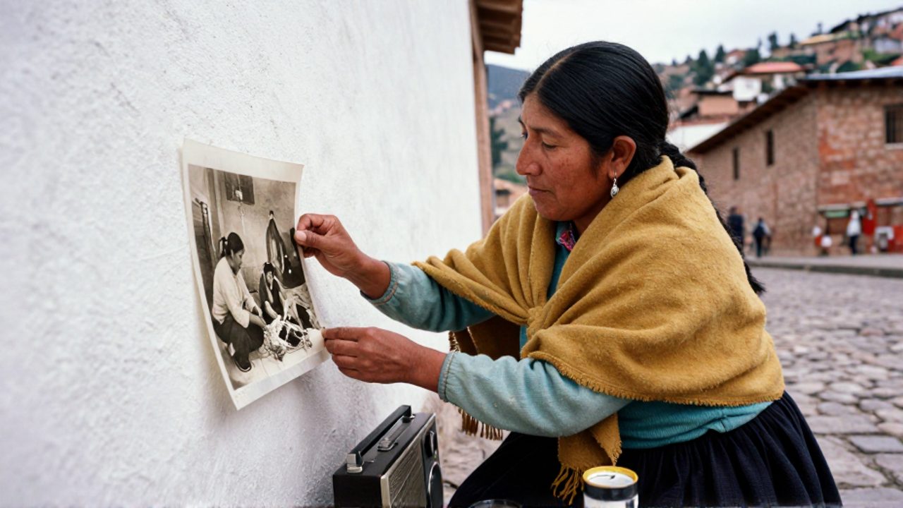 Una mujer indígena boliviana de pollera y chal mostaza, arrodillada frente a una pared encalada en La Paz, descubre bajo una capa translúcida una vieja fotografía sepia de mujeres trabajando; junto a ella, una radio antigua y una lata de pintura.