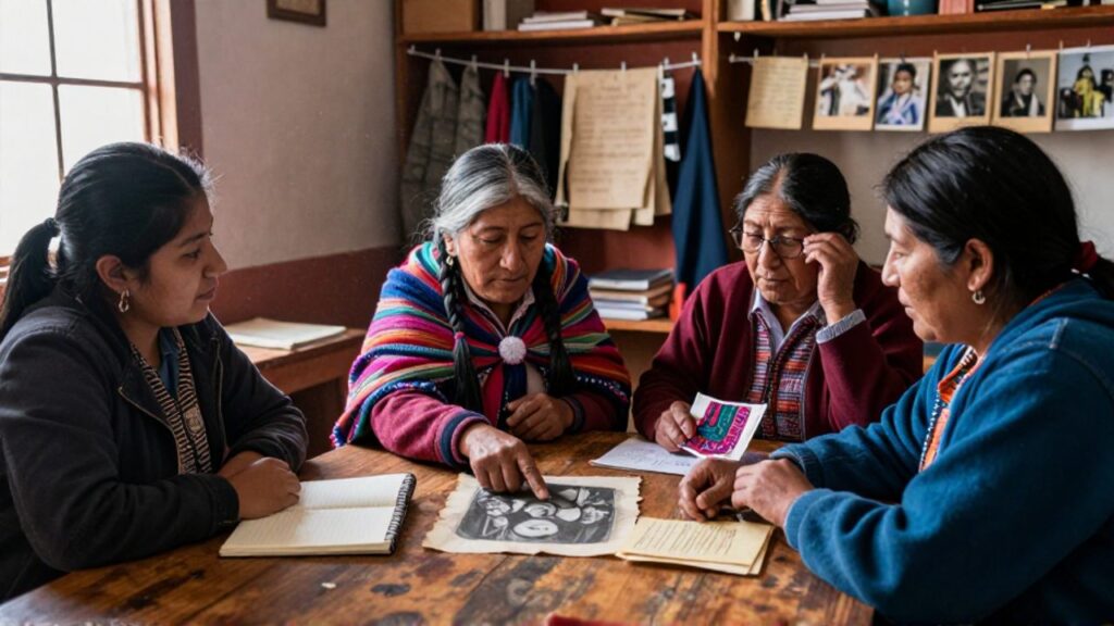 En un archivo comunitario, cuatro mujeres se reúnen alrededor de una mesa; una anciana Aymara de trenzas grises y chal andino señala una vieja fotografía de un grupo de mujeres, mientras una joven con cuaderno escucha y otra sostiene bordados y cartas.