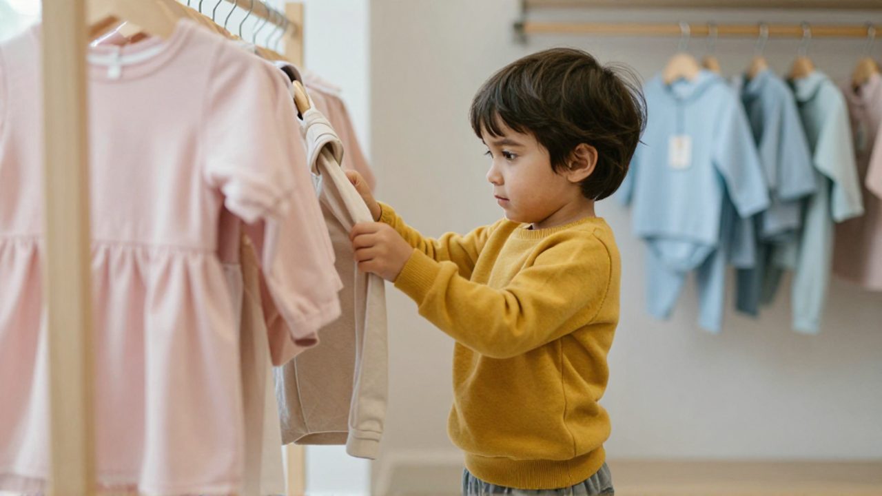 Un niño de corta edad, con jersey amarillo mostaza y pantalón gris, sostiene una camisa beige y la observa con expresión seria y reflexiva; al fondo, desenfocadas, se ven prendas infantiles en tonos rosa y azul.