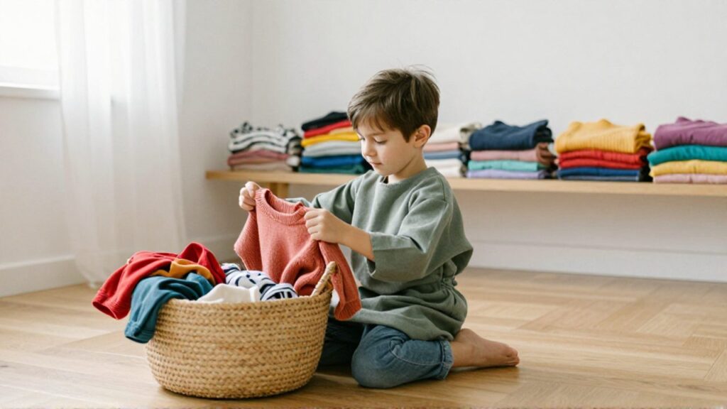 Un niño de unos seis años con corte de pelo neutro y ropa en tonos verde y denim, sentado en el suelo de madera, levanta un jersey de color coral de una cesta de mimbre llena de ropa infantil doblada en tonos cálidos y apagados, en una habitación luminosa y minimalista con estantes de madera.