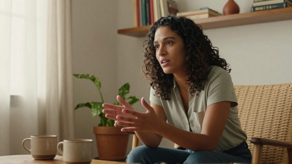 Una mujer con el pelo rizado habla abiertamente sentada en un sillón, con un gesto explicativo, en una sala luminosa con libros y plantas que transmite una conversación cercana y acogedora.