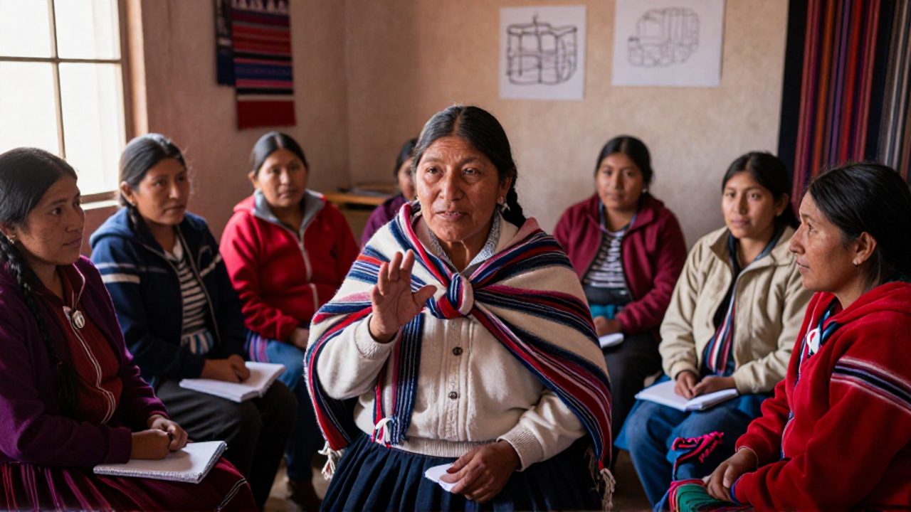 Una mujer aymara mayor, con trenzas y chal de franjas, levanta la mano mientras habla ante un círculo de mujeres latinoamericanas que escuchan atentas en un taller comunitario en El Alto, Bolivia; algunas sostienen cuadernos o tejidos y al fondo cuelgan textiles andinos.