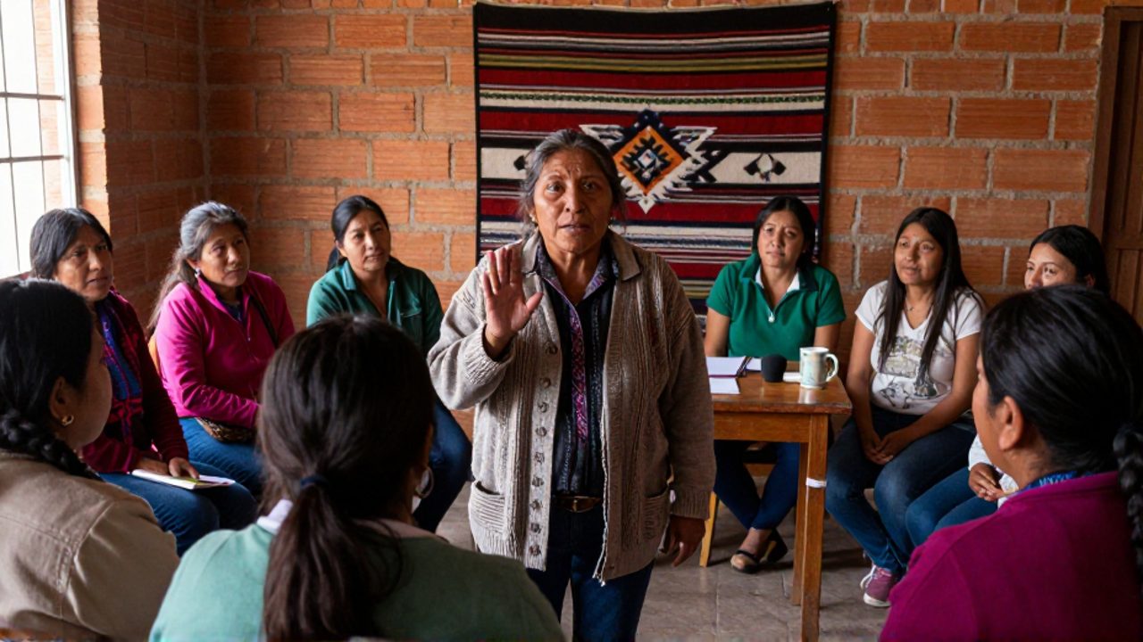 En una asamblea feminista en La Paz, una mujer indígena boliviana de mediana edad, con un cardigan tejido, habla con la mano levantada mientras otras seis mujeres la escuchan en círculo, con un textil andino al fondo.