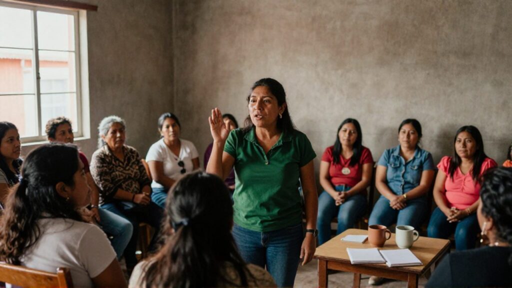 Una mujer boliviana de pie, con la mano levantada mientras habla ante un grupo de mujeres atentas de diversas edades reunidas en un centro vecinal de El Alto.