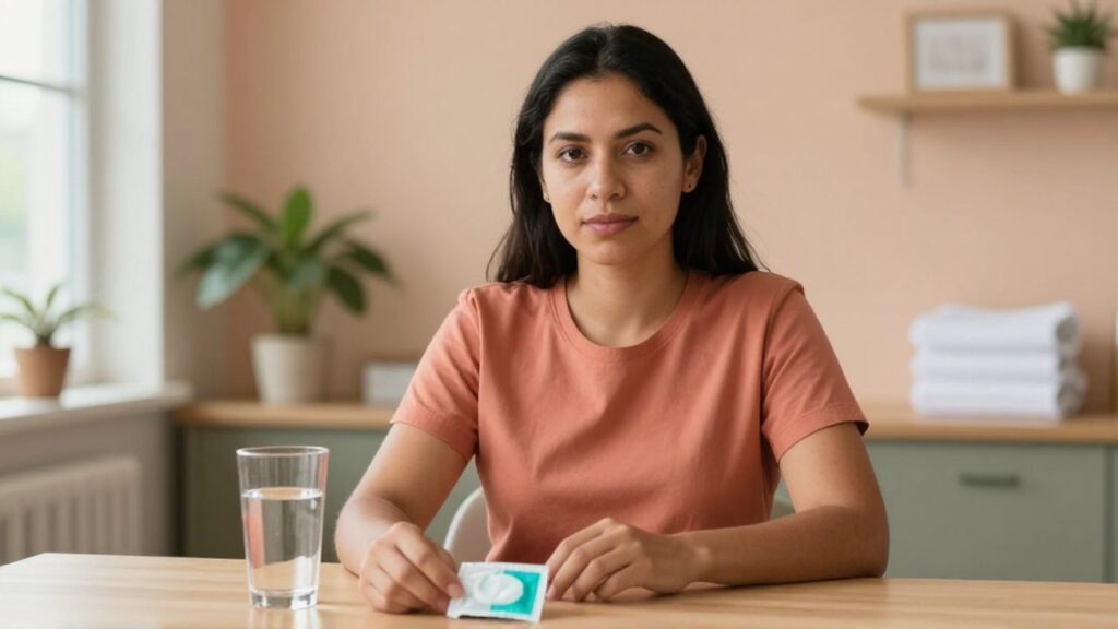 Una mujer latina de unos treinta años, con expresión serena y segura, mira a la cámara mientras su mano descansa sobre un envase de anticonceptivos sin etiqueta en la mesa de una clínica comunitaria; junto a ella hay un vaso de agua y al fondo se ve una planta.