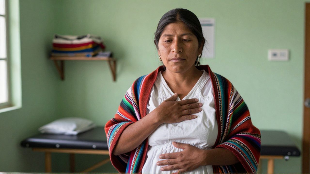 Mujer boliviana de pie en una clínica comunitaria, con una mano sobre el pecho y la otra sobre el abdomen, vistiendo blusa blanca y chal andino; su expresión serena transmite autonomía y presencia política.