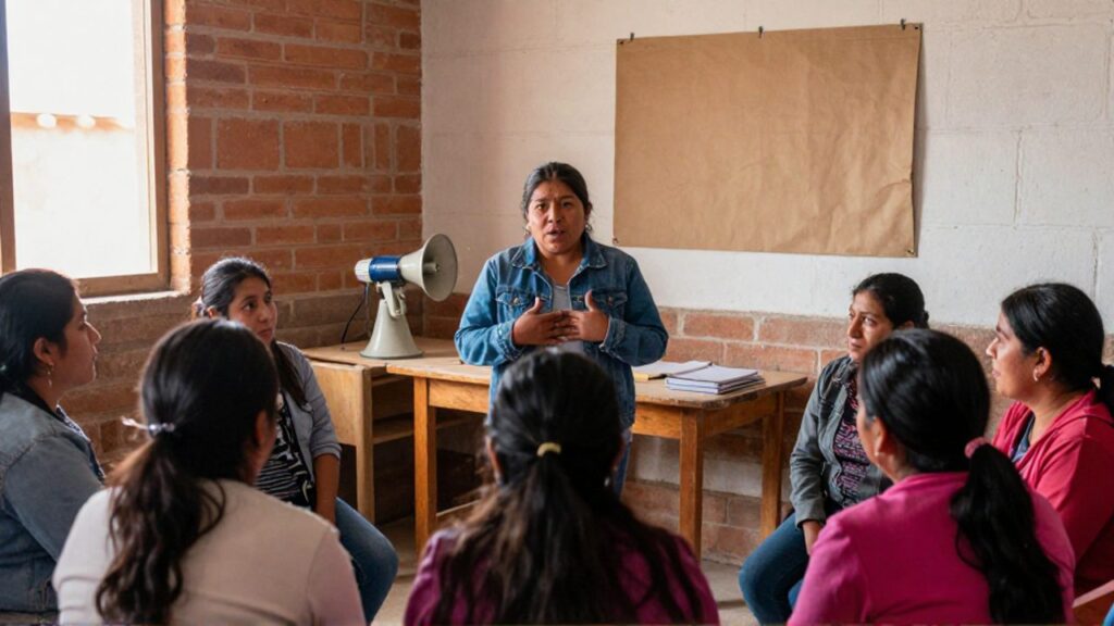 En un taller comunitario de La Paz, la activista María Galindo se dirige con un gesto enérgico a un grupo de mujeres sentadas en semicírculo, con un megáfono y cuadernos sobre la mesa.