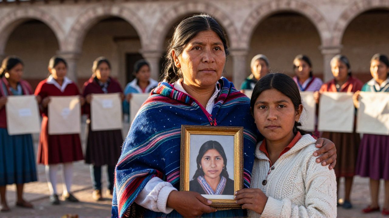 Una madre andina con trenzas negras y chaleco de tejido tradicional sostiene un pequeño retrato enmarcado mientras apoya la mano en el hombro de su hija adolescente; detrás, un grupo de mujeres con pancartas se reúne en una plaza bañada por el sol de la tarde.