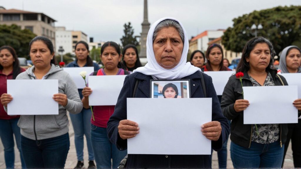 María Galindo, con abrigo oscuro, pañuelo blanco y mirada firme pero cansada, encabeza una protesta silenciosa en una plaza, con una mano sostiene la foto enmarcada de su hijo y con la otra un cartel, mientras que detrás de ella otras madres con claveles la acompañan.