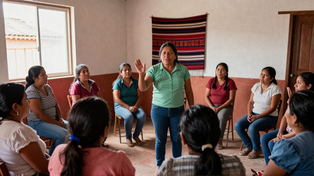 En una sala comunitaria, una mujer boliviana de cabello oscuro trenzado habla con la mano en alto ante un grupo intergeneracional de mujeres mestizas e indígenas sentadas en círculo, que la escuchan con atención y alzan las manos para participar junto a un textil andino colgado en la pared.