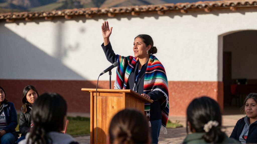 Activista boliviana con un aguayo de rayas sobre los hombros alza una mano mientras habla desde un podio de madera ante una comunidad reunida al aire libre, con montañas al fondo.