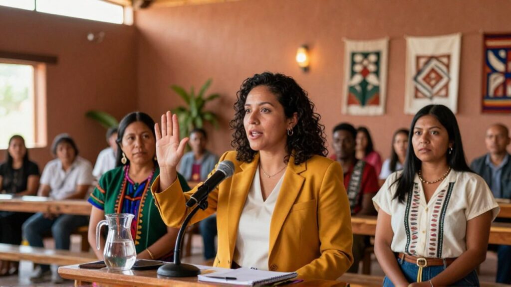 Una mujer habla en una asamblea comunitaria mientras la acompañan detrás una líder indígena y otra afrodescendiente en señal de apoyo colectivo.