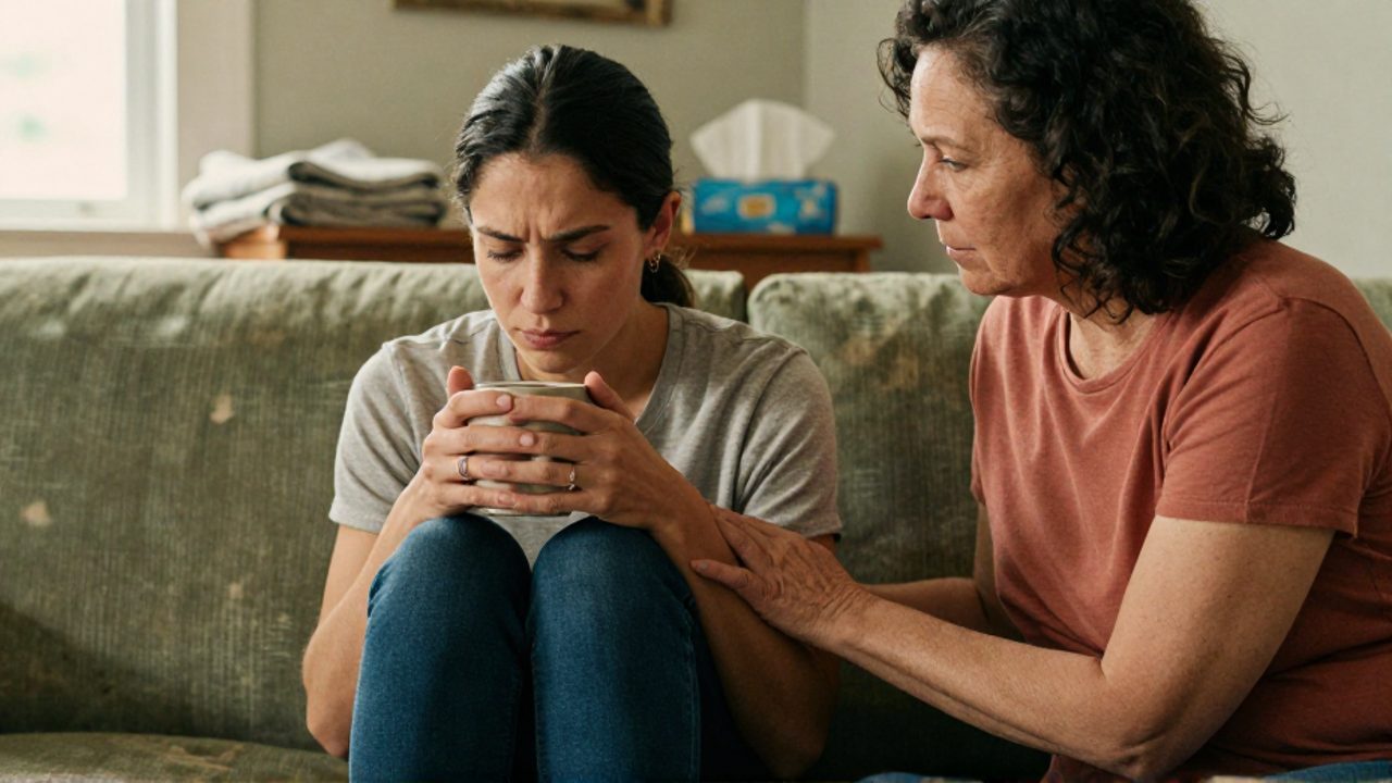 Una mujer mayor sostiene con suavidad el brazo de una joven que está sentada en el sofá, con la mirada baja y una taza entre las manos, en un salón tranquilo iluminado por luz natural.
