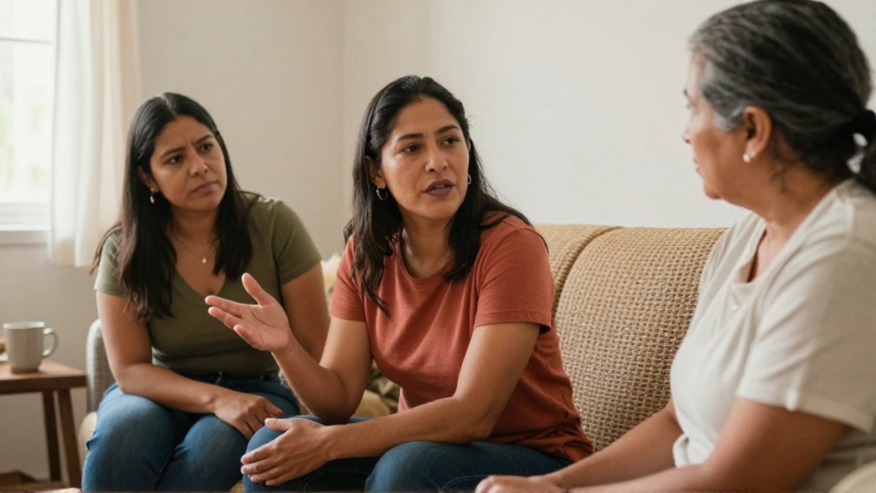 Una mujer habla con serenidad y determinación, con una mano en movimiento, mientras una amiga le sostiene el antebrazo en señal de apoyo y un familiar mayor escucha con atención en una sala de estar luminosa.