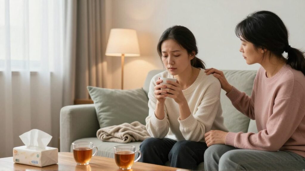 Una mujer con gesto cansado y reservado está sentada en un sofá con una taza entre las manos, mientras una amiga la abraza por un hombro y una pariente mayor le sostiene la mano, en una sala con luz suave y ambiente acogedor.